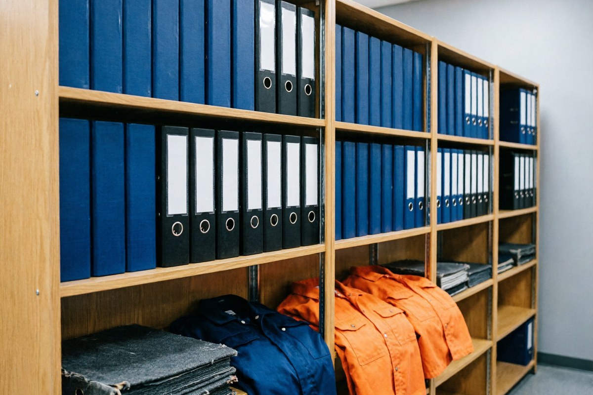 Stacked bound compliance documents and fabric sample books on a shelf in a factory office