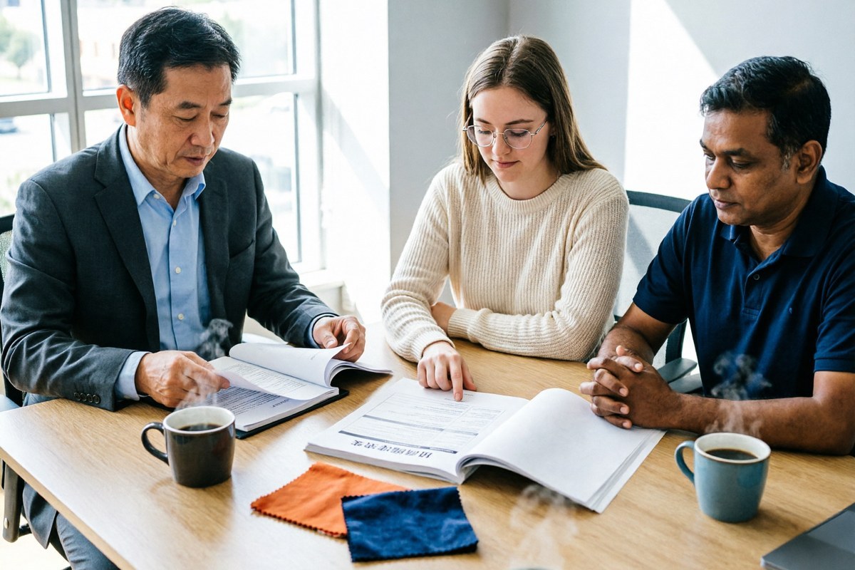Procurement team reviewing a tender requirements document with scoring criteria on a meeting table