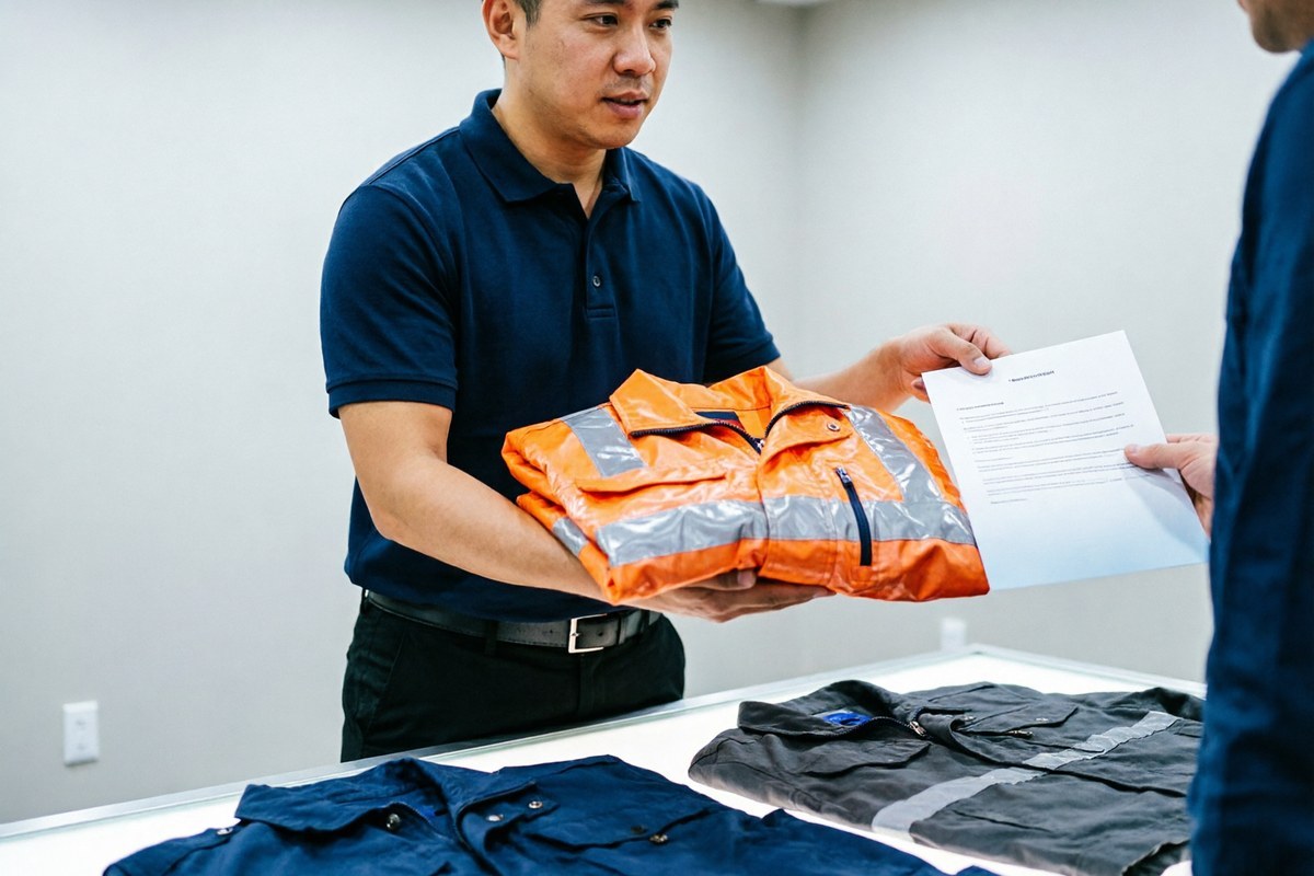 Supplier presenting workwear samples and a declaration document to a buyer at a showroom table