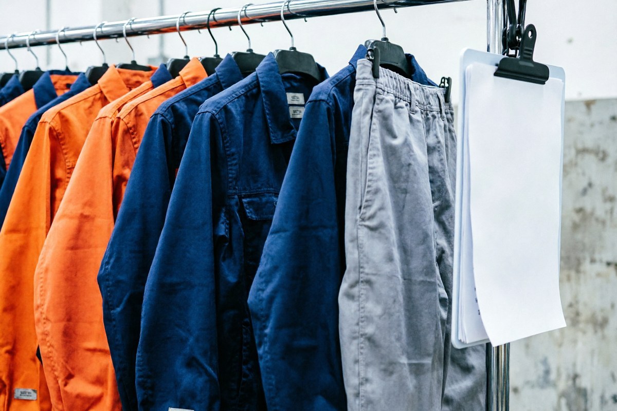 Workwear garments with visible woven labels ready for contract inspection on a rack