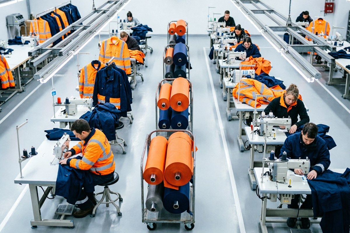 Workwear manufacturing floor with rows of industrial sewing stations producing safety garments
