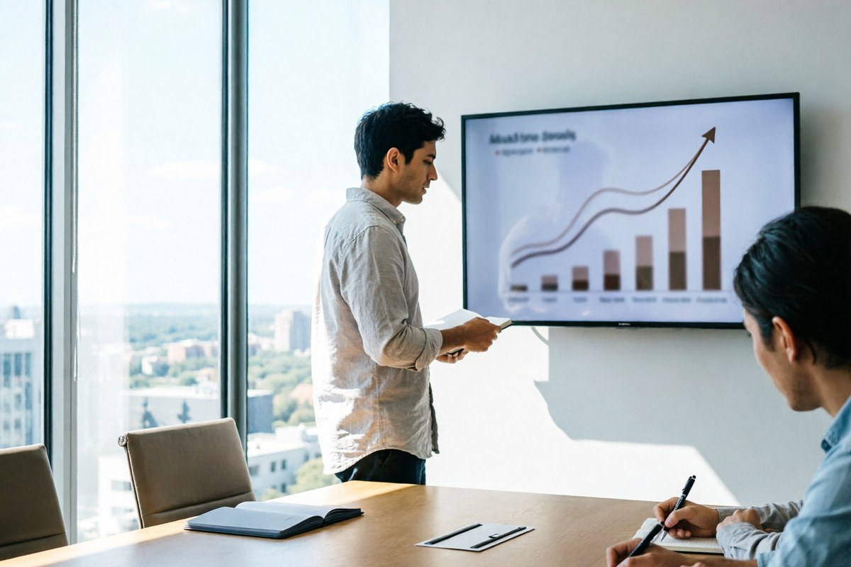 Business analyst presenting market trend charts to colleagues in a bright meeting room