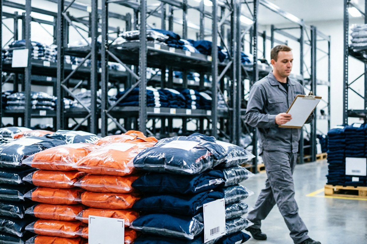 Stacked workwear garments in orange and navy ready for delivery in a distribution centre