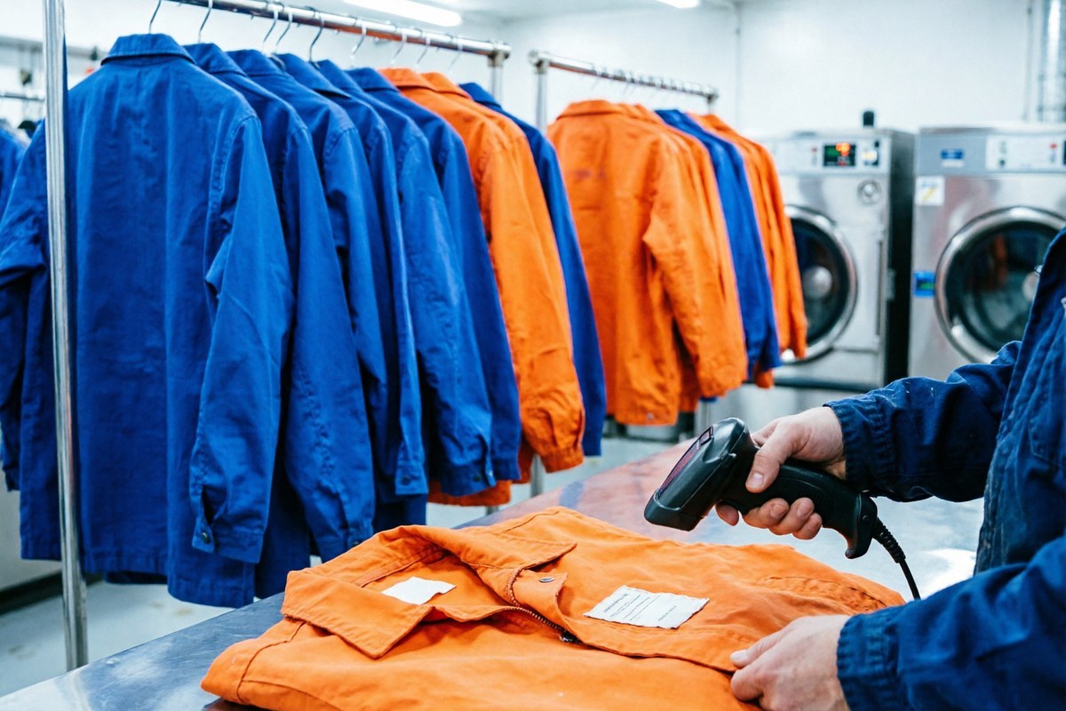 Industrial laundry operator scanning a tagged workwear garment into a tracking system
