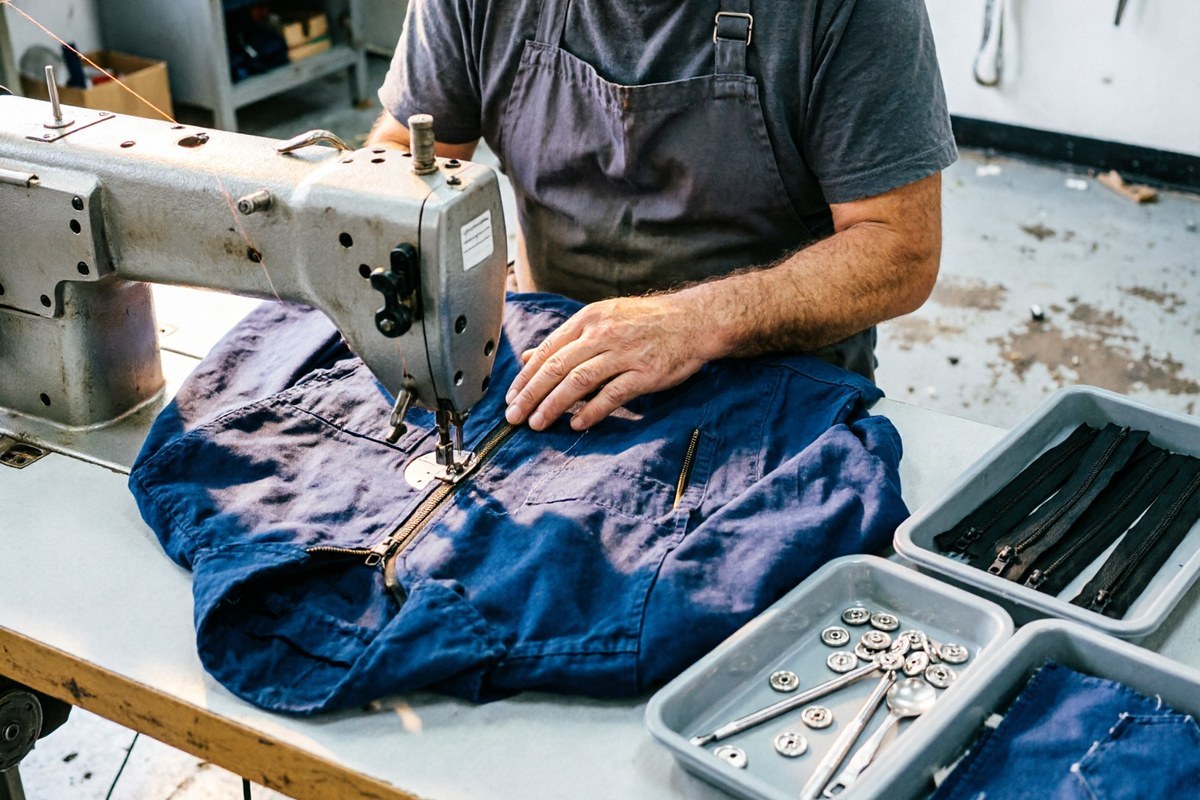 Repair technician replacing a zip on a workwear jacket at a garment repair station