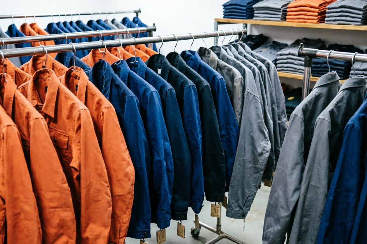 Rows of tracked workwear garments with visible identity tags hanging in a factory storage area