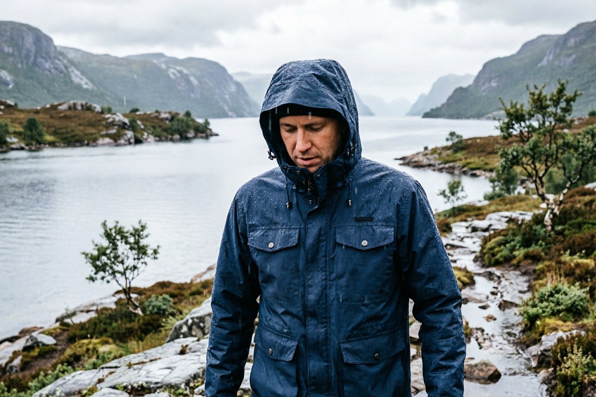 Hiker in a waterproof hooded shell jacket on a European mountain trail