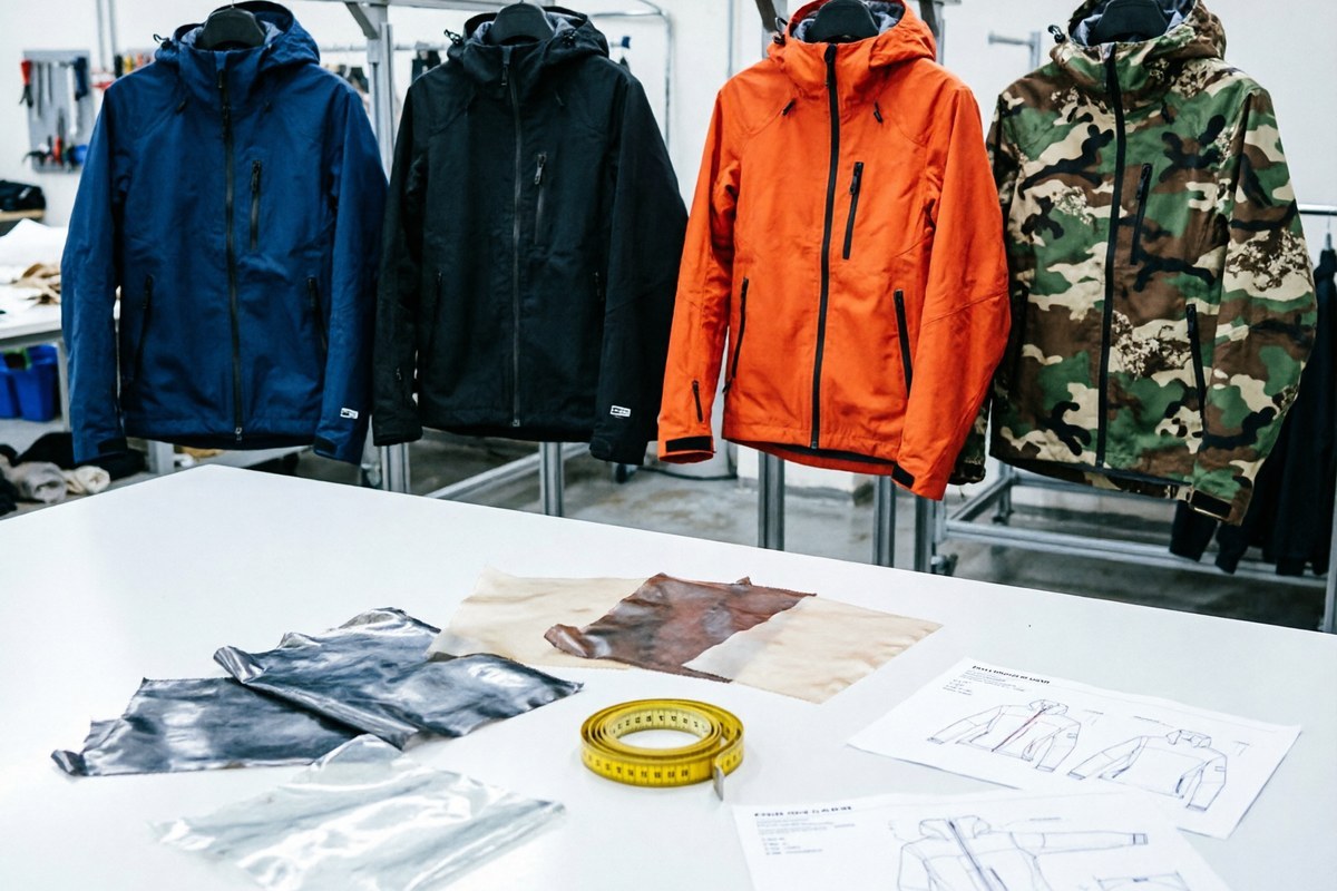 Sample room rails holding hiking, hunting and fishing outerwear programmes