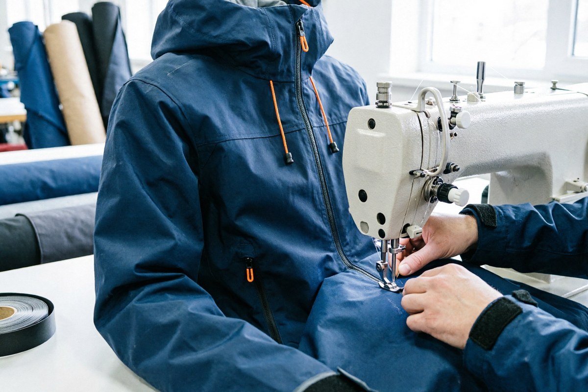 Sewing a navy waterproof hiking shell jacket with orange zipper pulls on the production line