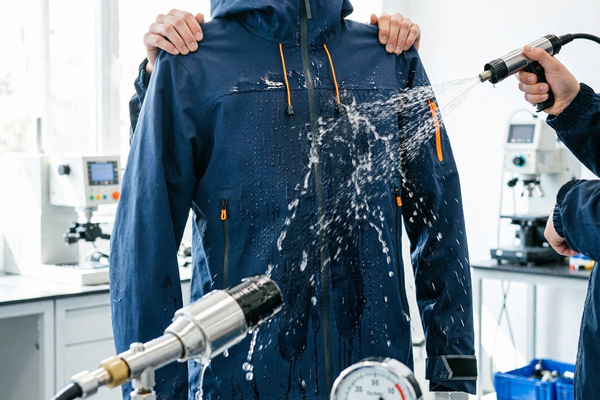 Water-column spray test on a navy waterproof hiking shell jacket in the testing laboratory