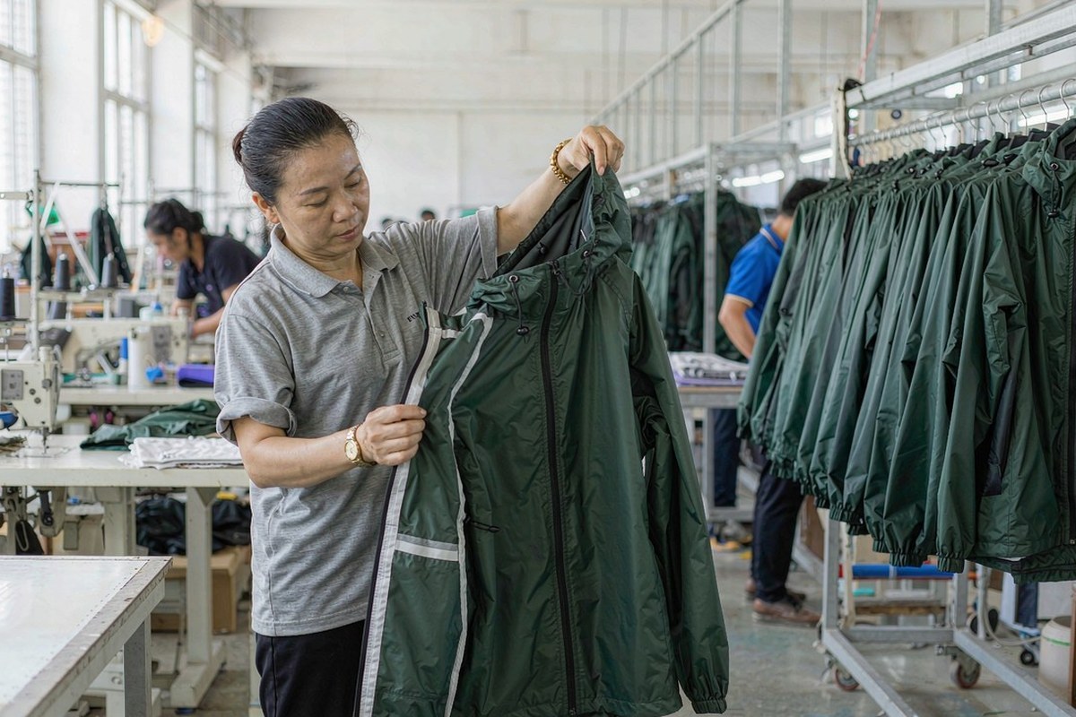 Factory quality inspector checking taped seams inside a finished waterproof jacket