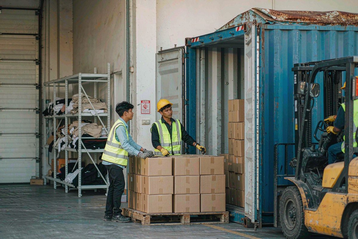 Workers loading palletized cartons of packed outdoor jackets into an ocean freight container for US export
