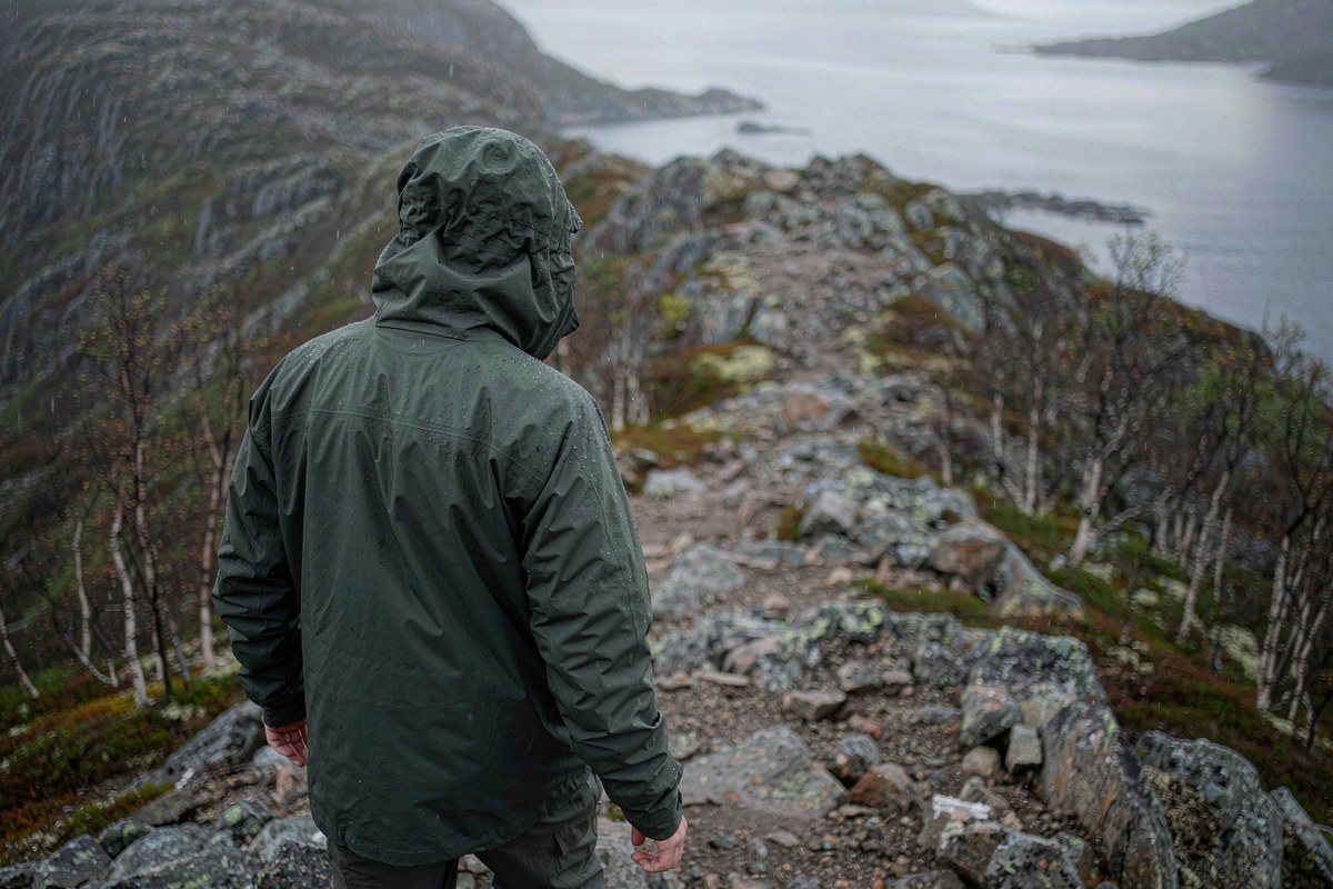 Hiker in a deep green technical shell jacket with the hood up on a Nordic coastal mountain trail in soft overcast light