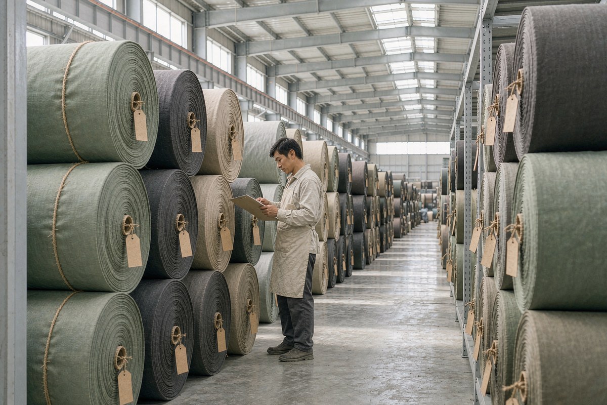 Rolls of certified recycled fabric with hangtags stacked in a textile mill warehouse