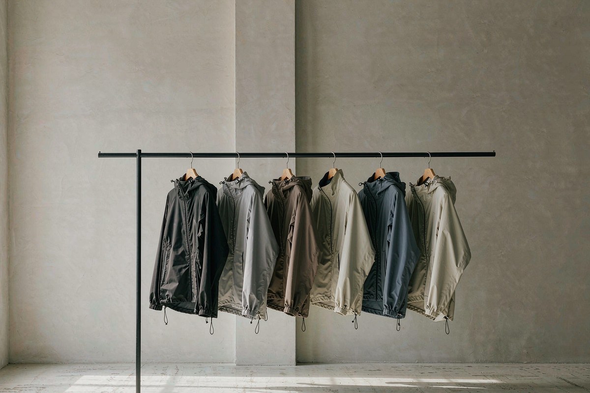 Rail of identical logo-free technical jackets in muted tones inside a minimalist showroom