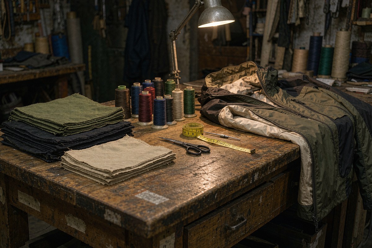 Repair workshop bench with patches, thread spools, seam ripper and a jacket under repair