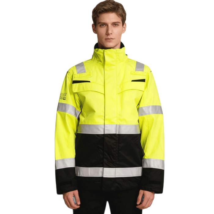 Custom Flame Retardant Winter Jacket, Yellow Coats with Black Bottom