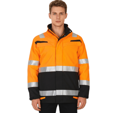 Custom Flame Retardant Hi-Vis Winter Jacket,  Orange Coats with Black Bottom