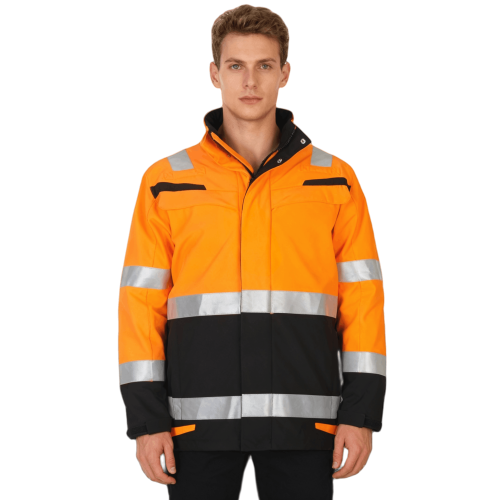 Custom Flame Retardant Hi-Vis Winter Jacket, Orange Coats with Black Bottom