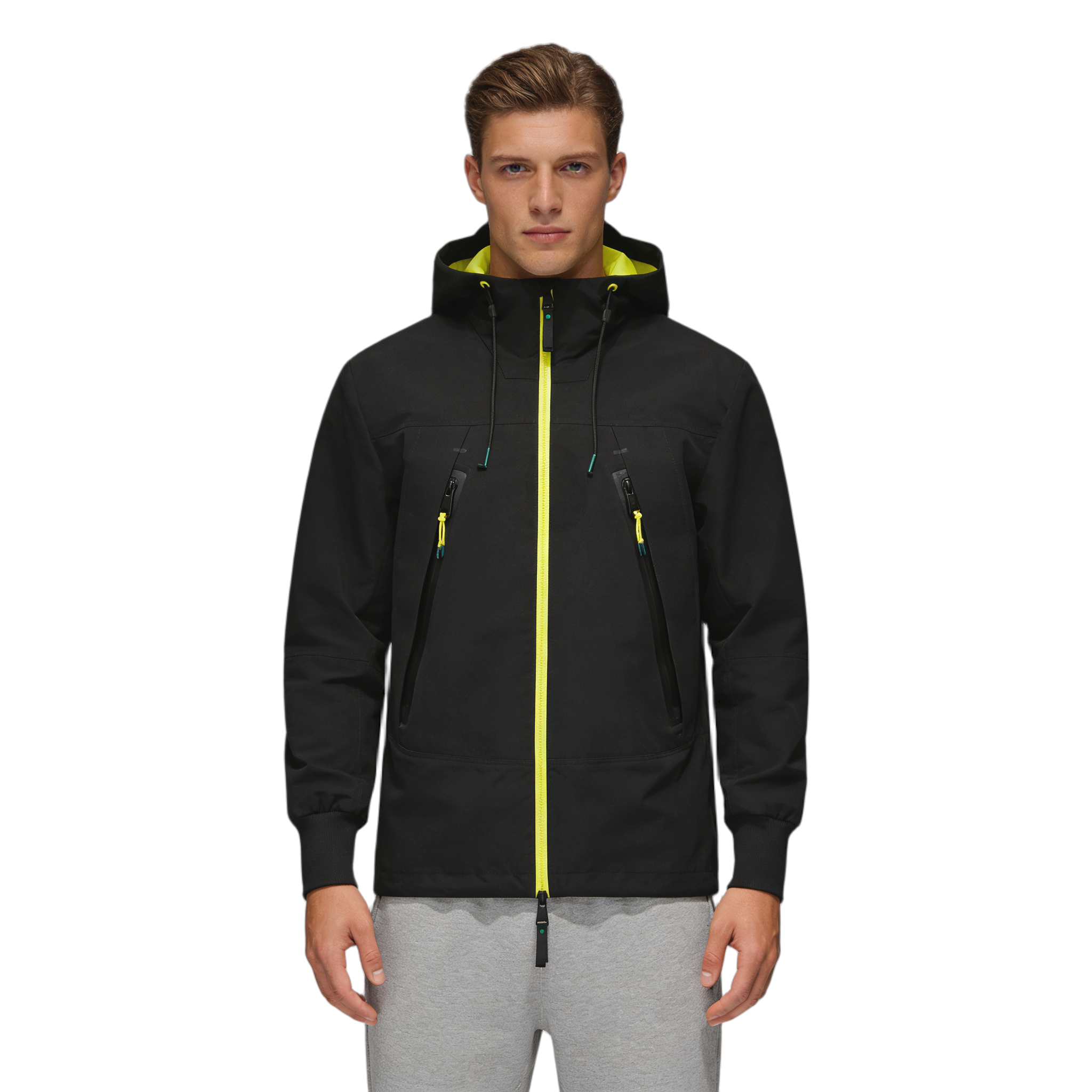 HLL311 Custom Hiking Windproof Jacket, Adjustable Hat, Waterproof Zipper, Elastic Cuffs