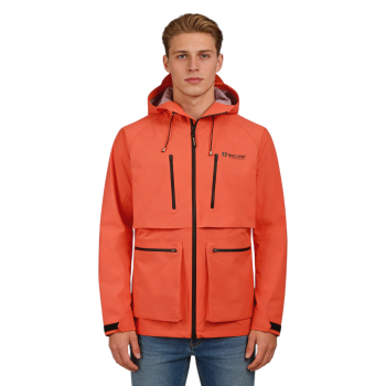 Custom Waterproof Hiking Parka, Adjustable Hat, Waterproof Pockets, Orange