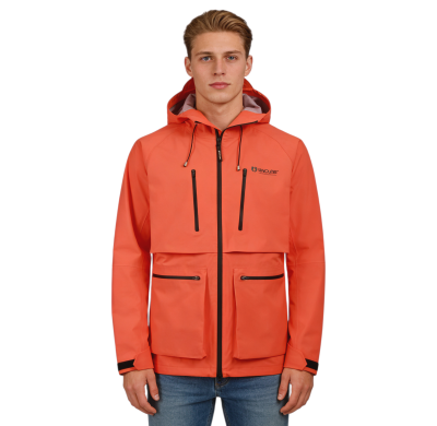 Custom Waterproof Hiking Parka, Adjustable Hat, Waterproof Pockets, Orange