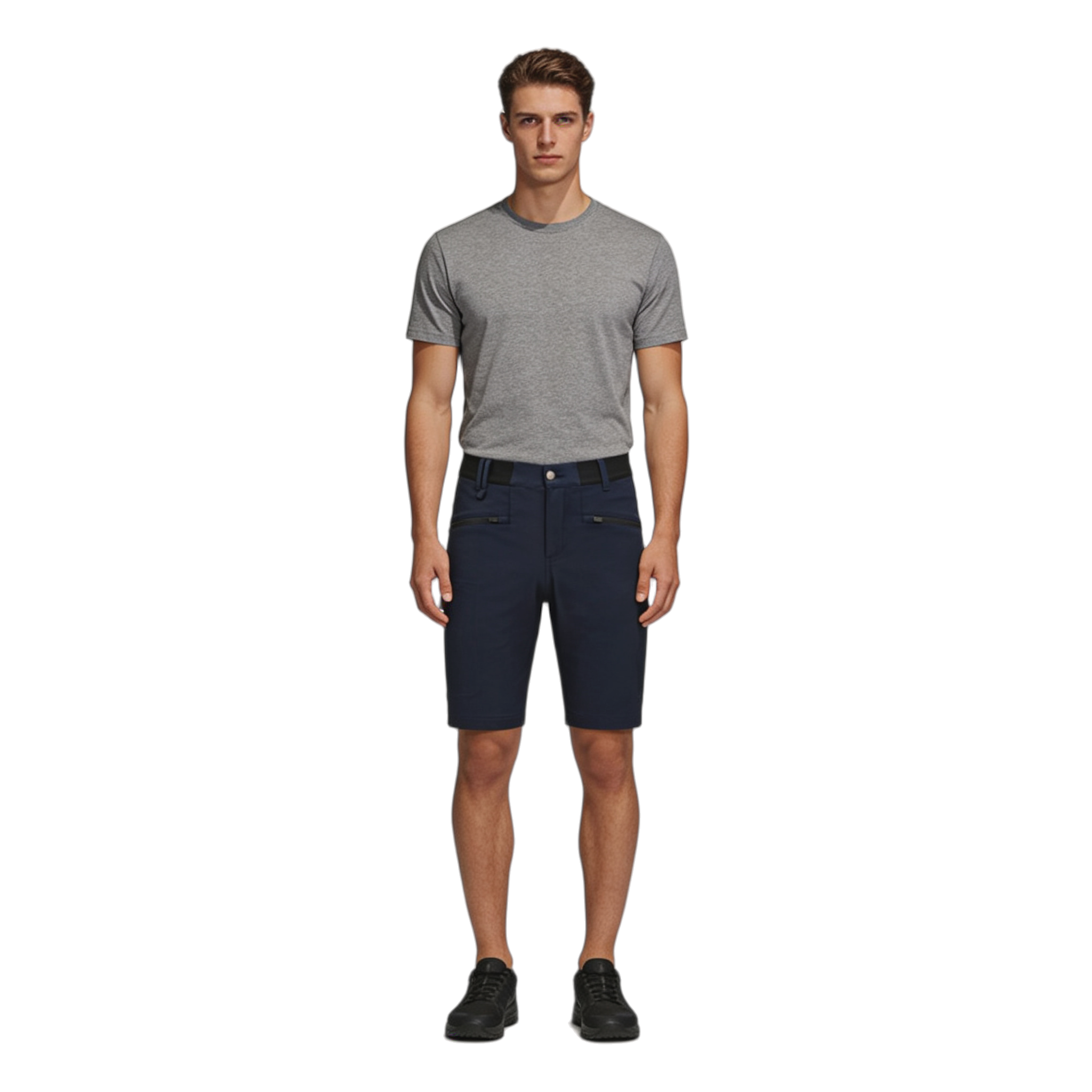 Custom Black Hiking Shorts With Button-Up Design and Zippered Pockets.