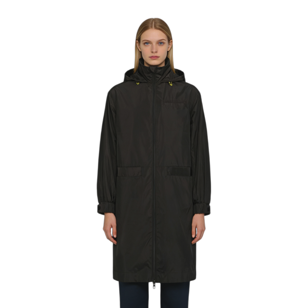 Custom Black Rainproof Parka, Elastic Cuffs, Hidden Pockets, Double Zippers