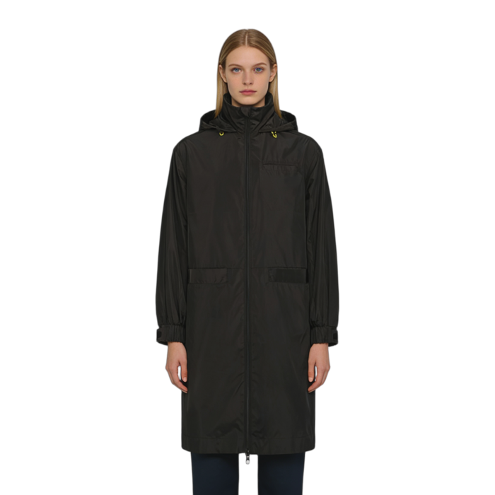 Custom Black Rainproof Parka, Elastic Cuffs, Hidden Pockets, Double Zippers