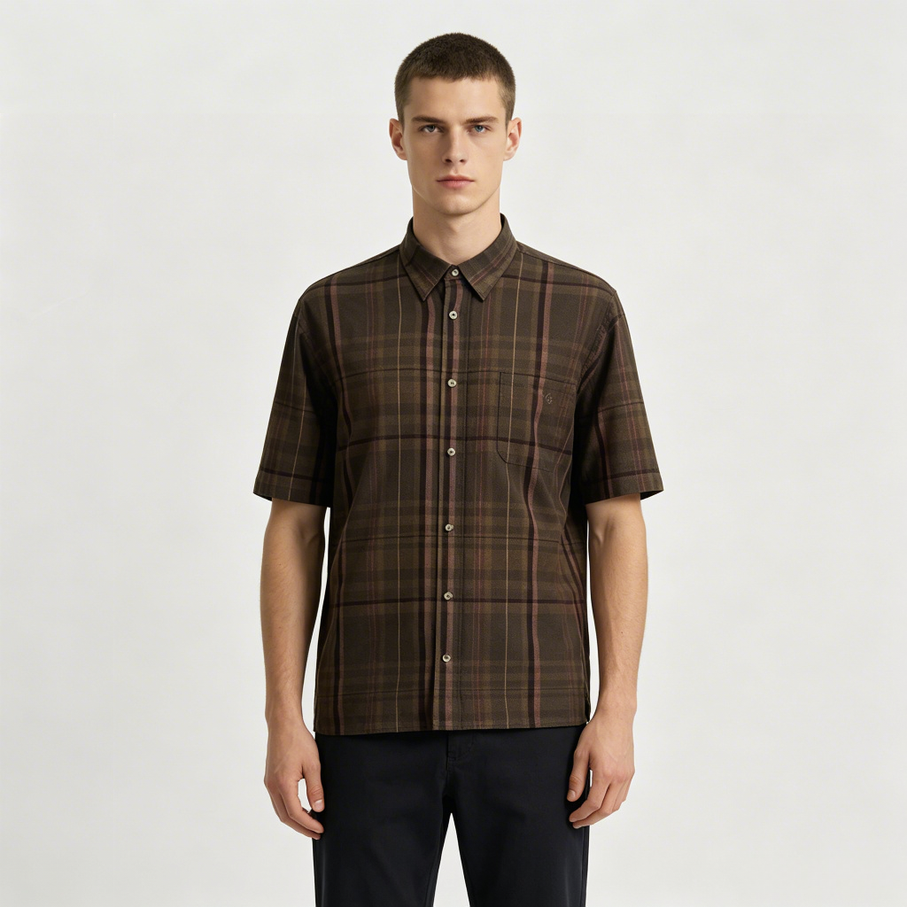 Custom brown windowpane check short-sleeve button-down shirt