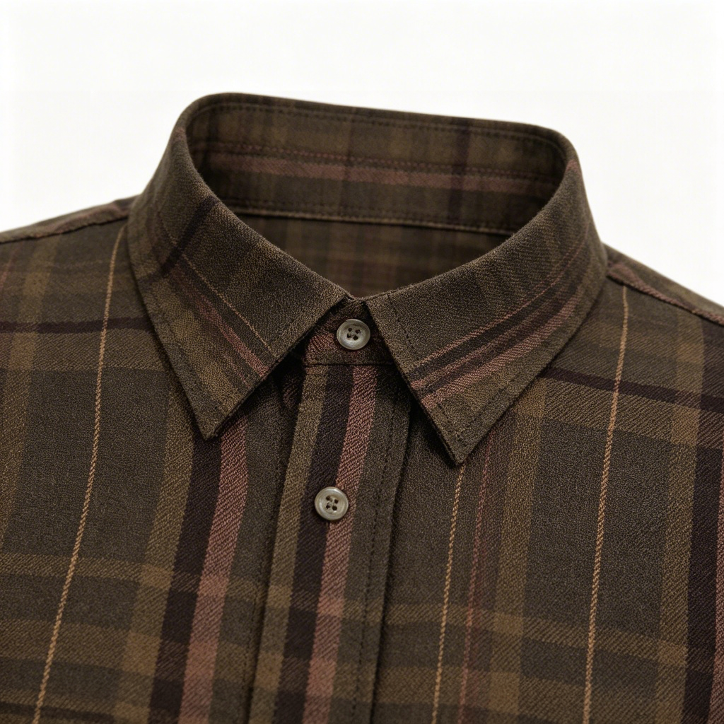 Close up of brown check shirt collar and button placket