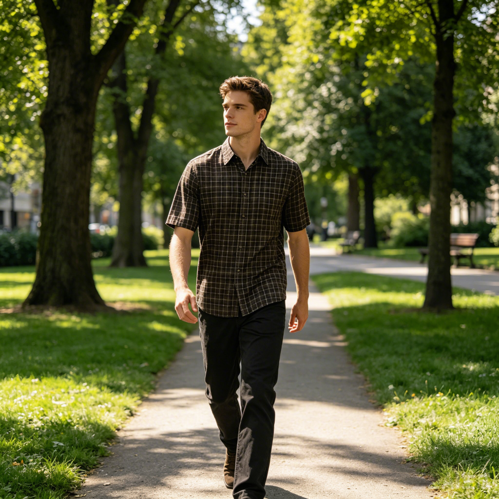 Man wearing plaid shirt in outdoor scene