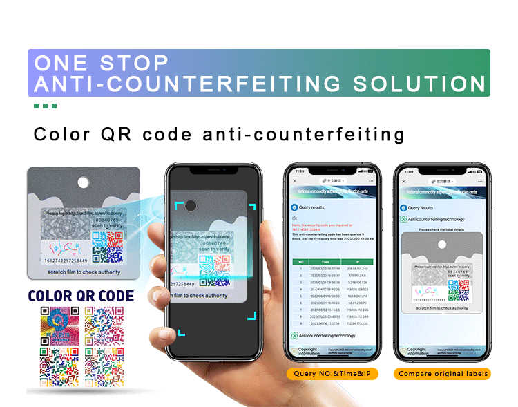 QR code anti-counterfeit label packaging, scanning code for traceability, checking authenticity