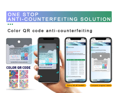 QR code anti-counterfeit label packaging, scanning code for traceability, checking authenticity