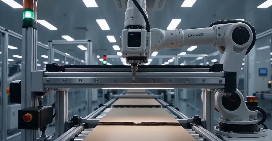 QSDEFENDER robotic coding and inspection line applying codes on a conveyor
