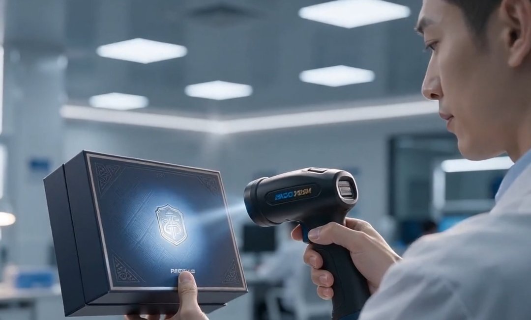 Quality inspection: engineer scanning a product box label with a handheld reader