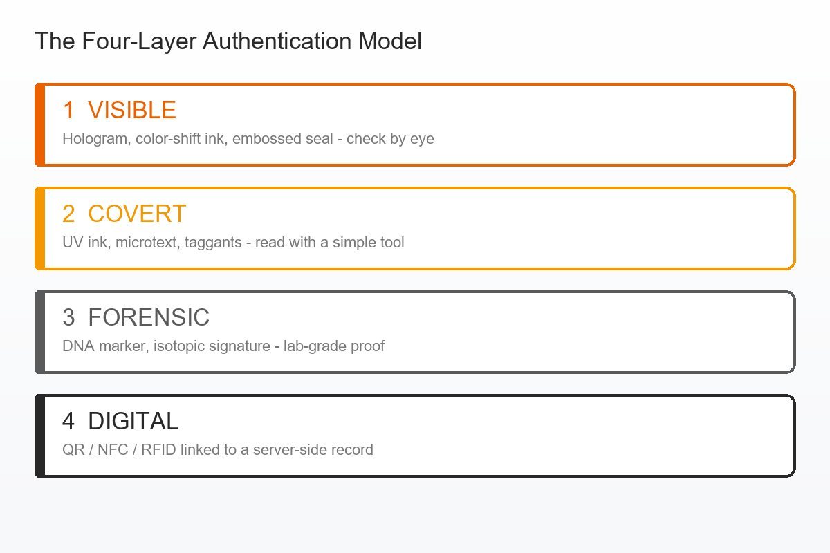 Four-layer authentication model: visible, covert, forensic and digital security layers stacked for defense in depth