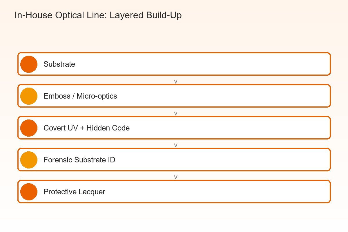 Schematic of QSDEFENDER in-house optical production line building a layered hologram security label