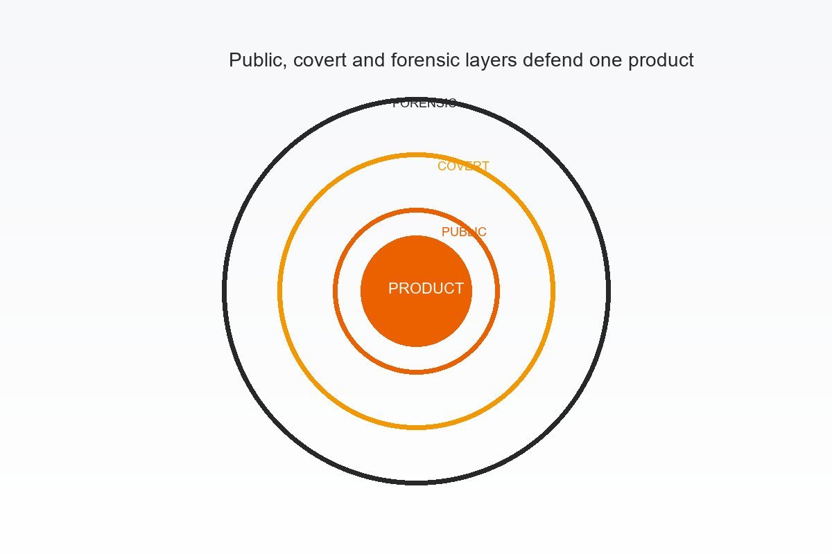 Three concentric security layers public covert and forensic protecting a product from multiple counterfeit paths