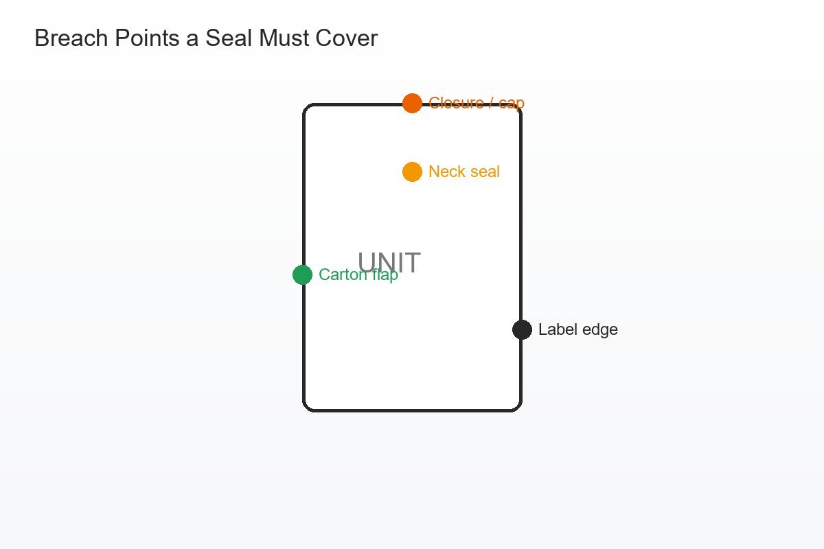 Diagram of a pharma and cosmetics package showing closure, seal, and label breach points that tamper-evident features must protect