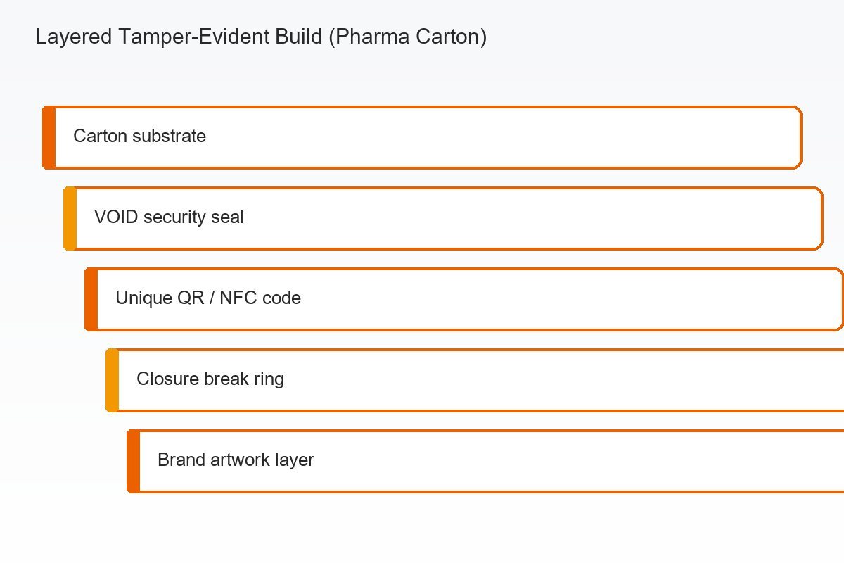 Schematic of a layered tamper-evident pharma carton with VOID seal unique QR code and closure ring