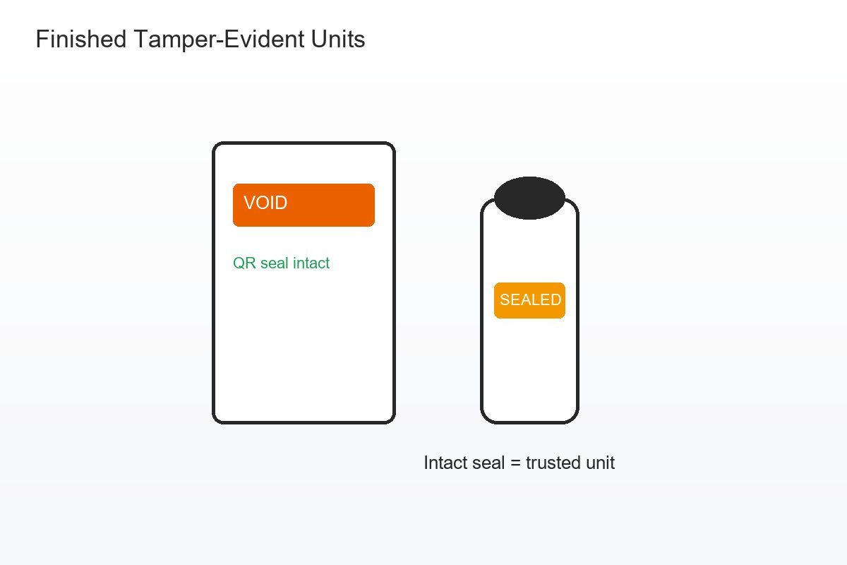 Finished tamper-evident pharma carton and cosmetics bottle showing intact VOID seal and closure ring