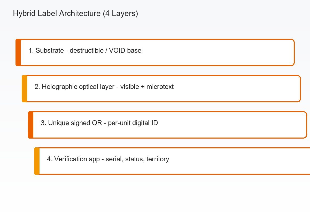 Four-layer hybrid hologram QR label architecture diagram substrate hologram unique QR verification app