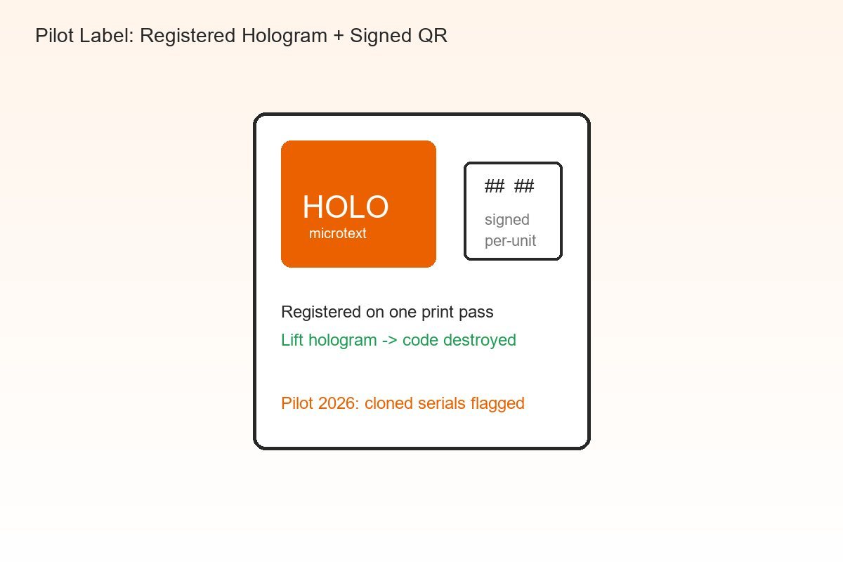 Engineering view of a hybrid pilot label with registered hologram patch and unique signed QR code on one die-cut face