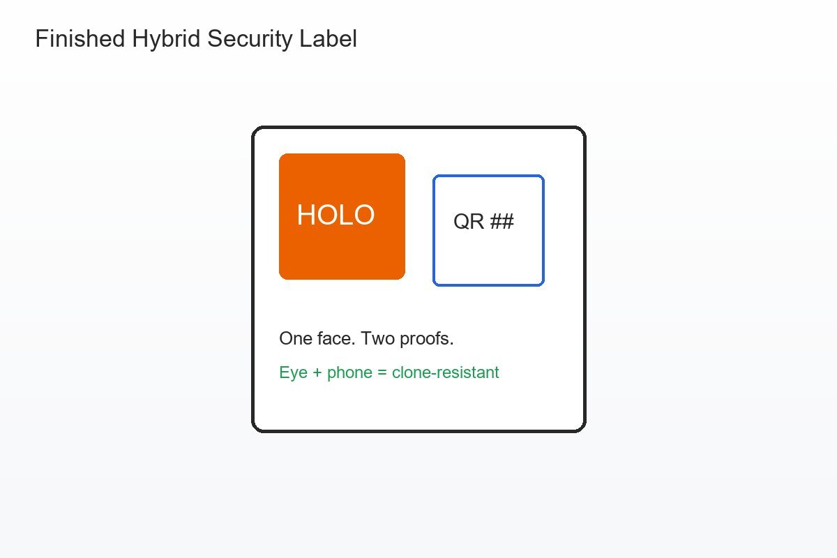 Finished hybrid hologram QR security label showing registered hologram patch and unique QR on one tamper-resistant face