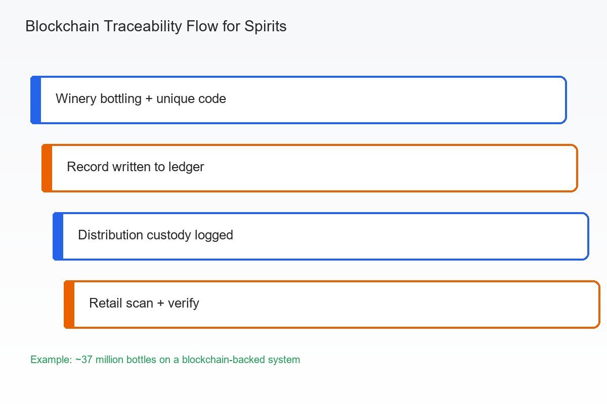Blockchain traceability flow for spirits from winery bottling to retail scan and verification