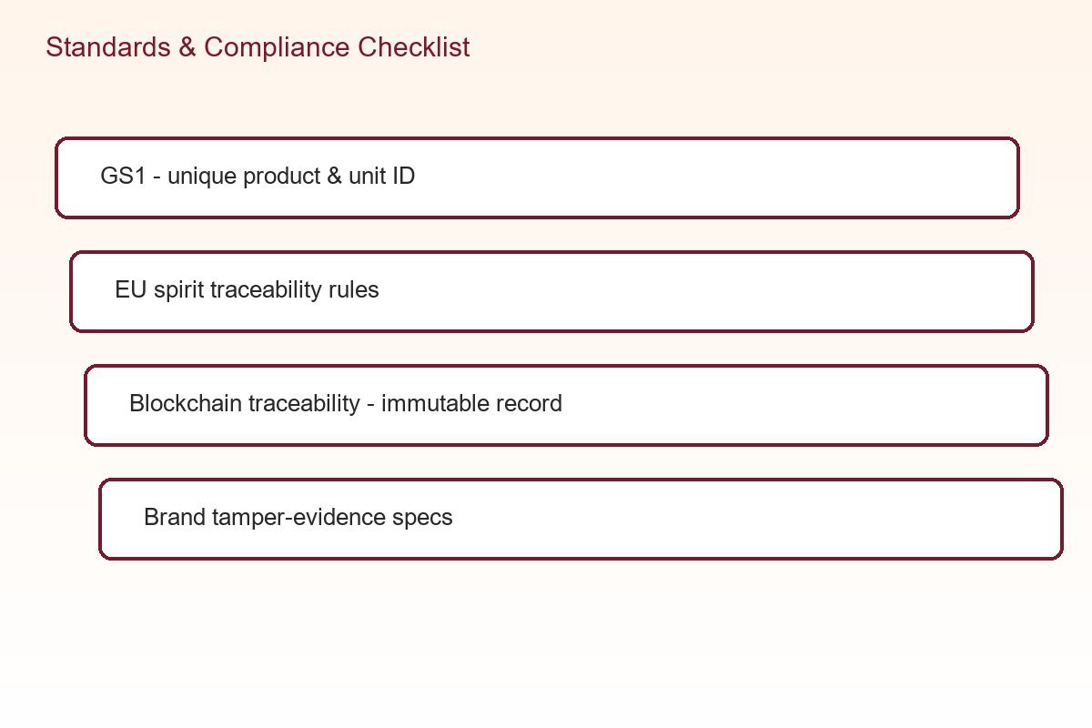 Standards and compliance checklist for wine and spirits brand protection including GS1 blockchain and tamper evidence