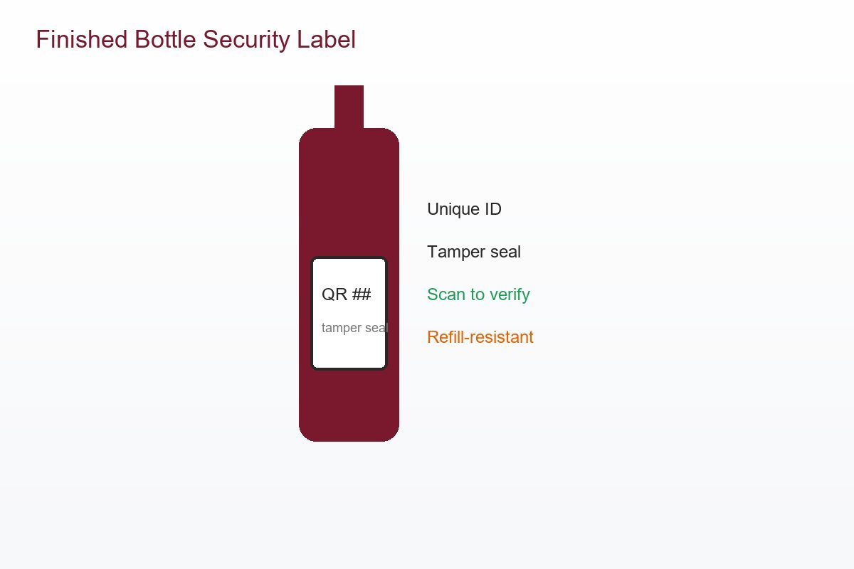 Finished wine and spirits security label with tamper seal and unique scannable code on a bottle closure
