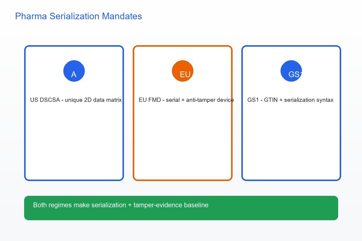 Pharmaceutical supply chain serialization mandates showing DSCSA EU FMD and GS1 requirements
