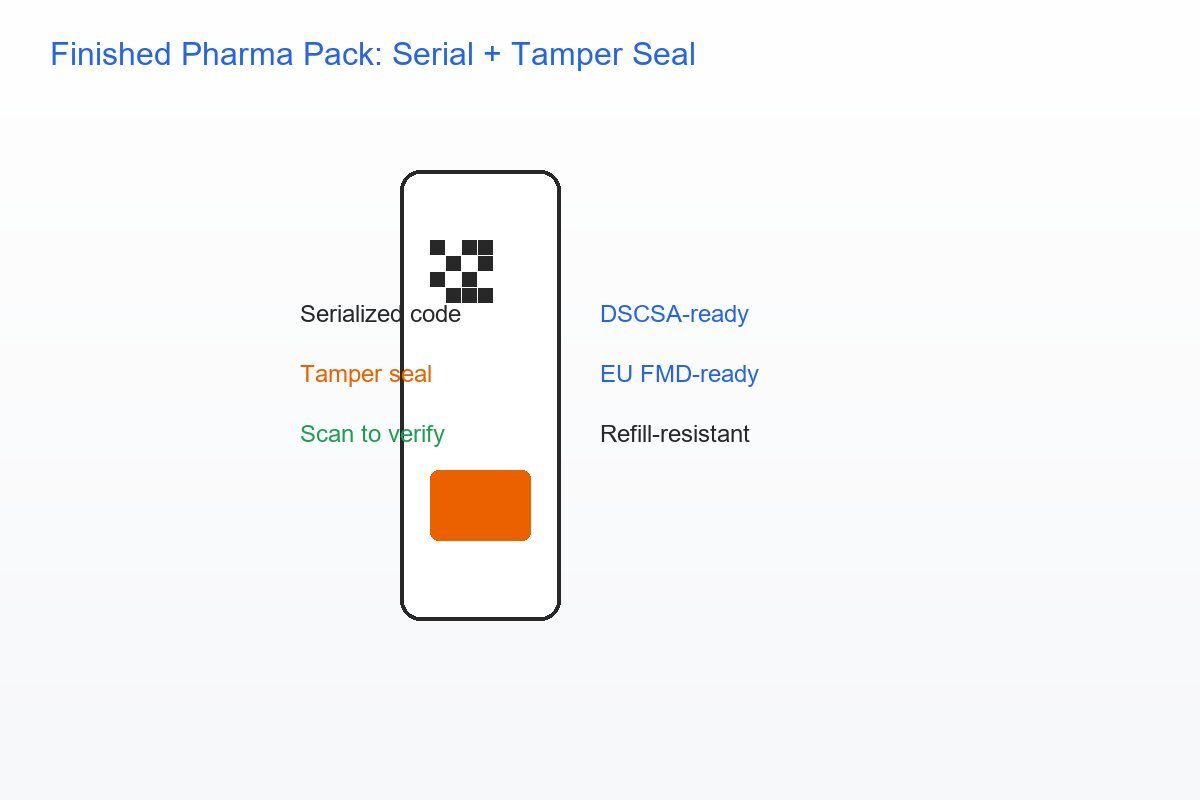 Finished pharmaceutical pack with serialized data matrix and tamper-evident seal ready for DSCSA EU FMD compliance